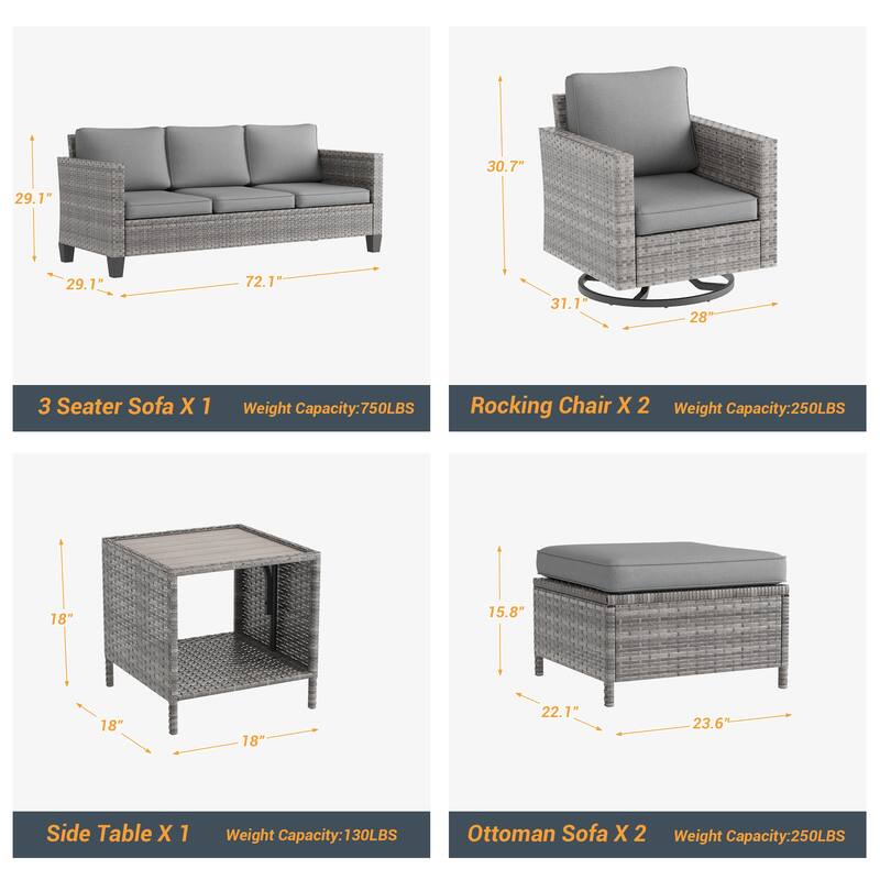 LIVOOSUN Patio 6Pcs Furniture Conversation Gray Rattan Swivel Rocking Sofa Set