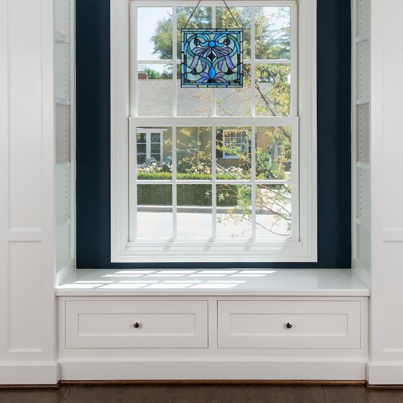 River of Goods Blue Classic Geometric Floral River of Goods Stained Glass Window Panel - 12" x 0.25" x 12"
