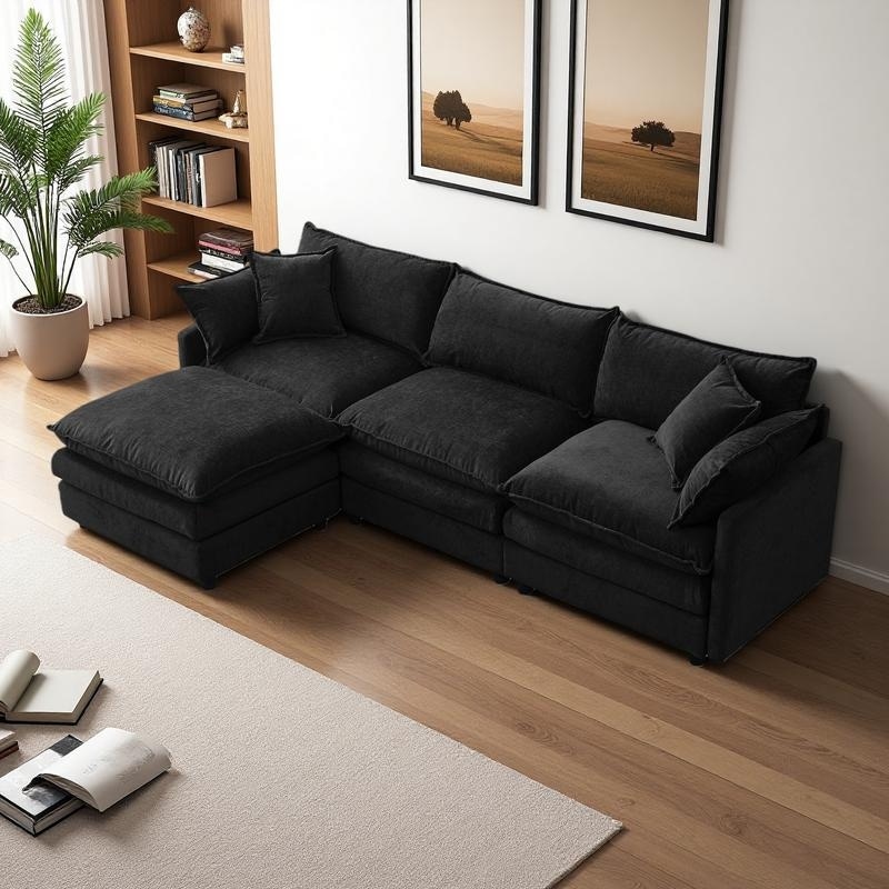 105" Chenille L-Shaped Modular Sectional Sofa with Ottoman and Pocket Spring Cushion (3-Seater)