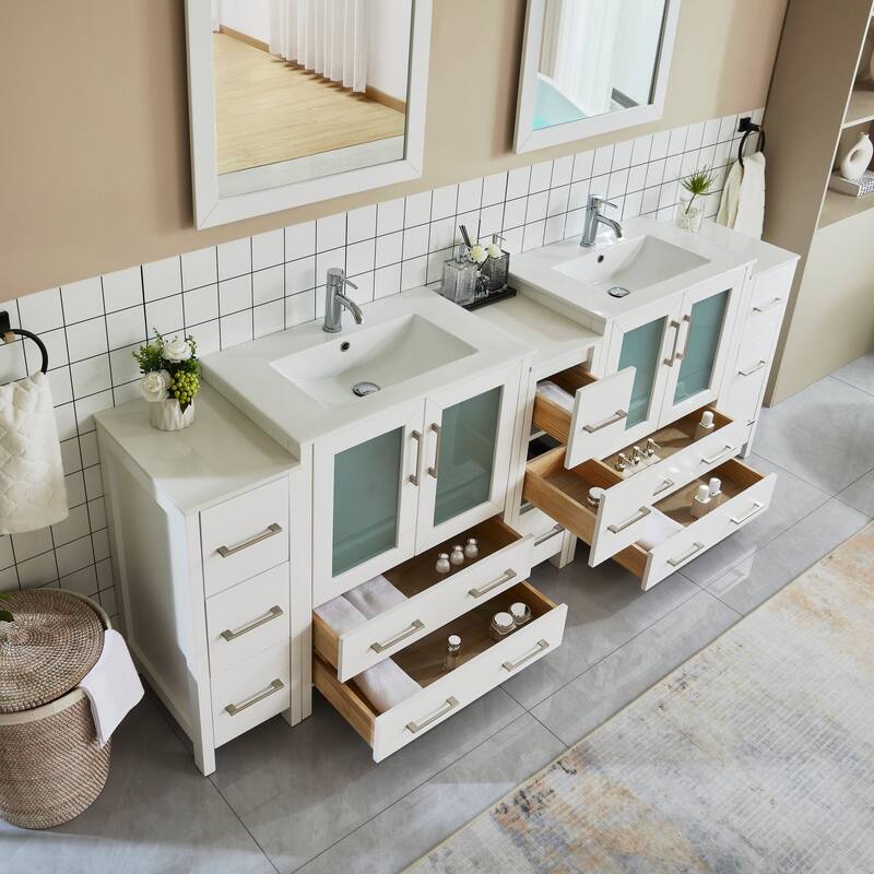 Vanity Art 96" Double Sink Bathroom Vanity Set 13 Dove-Tailed Drawers 5 Cabinets 2 Shelves, Soft-Closing Doors with Free Mirror