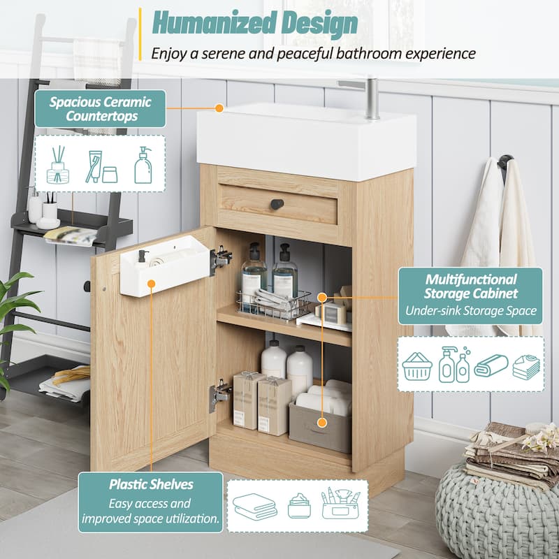 18.5" Bathroom Vanity with Resin Sink, MDF Cabinet, Adjustable Shelf, Reversible Door, Rustic Style for Small Spaces
