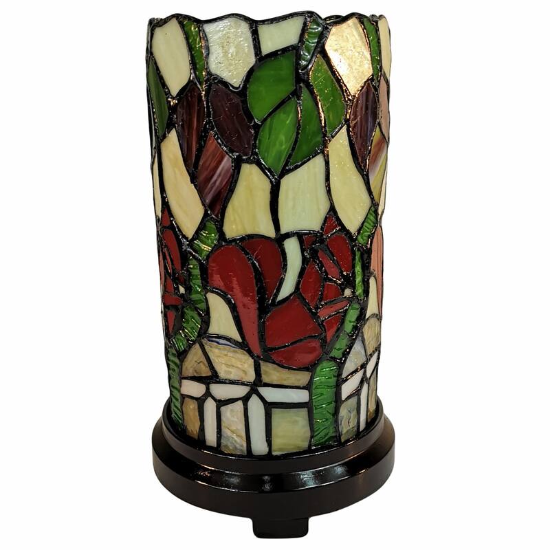 HomeRoots 14" Red Green and Black Floral Stained Glass Accent Lamp - 8