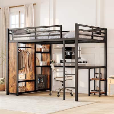 Queen Size Loft Bed Frame with Built-in Wardrobe, Metal Loft Bed with Desk and Storage Shelves, Woodgrain