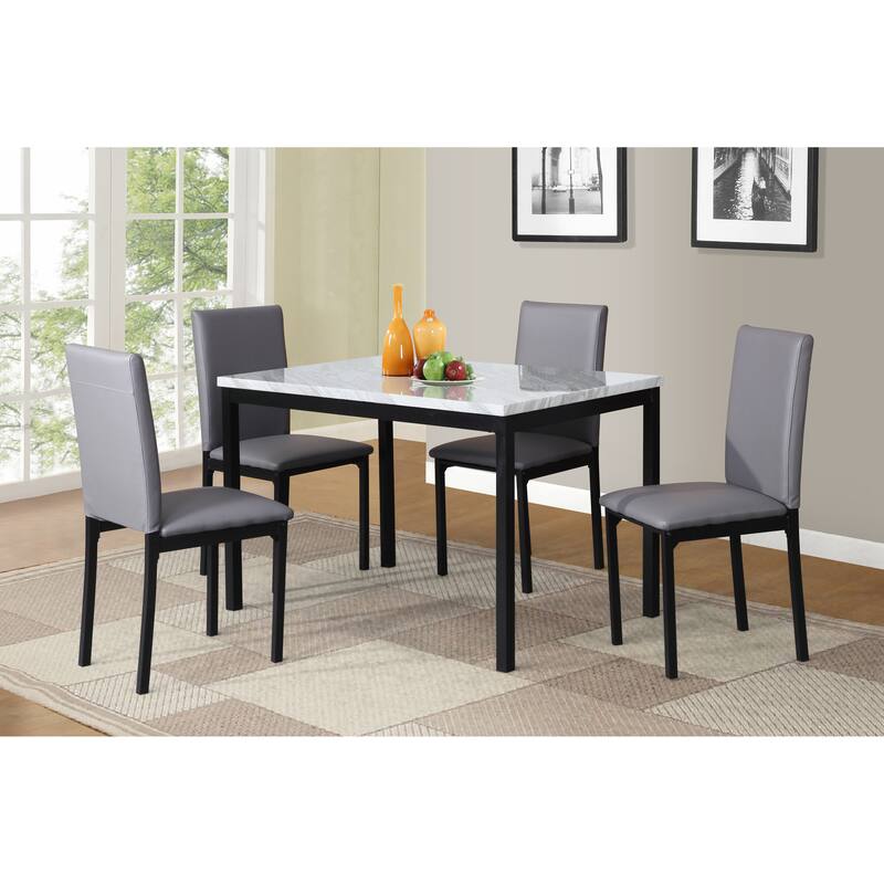 5-Piece Dining Table Set with Rectangular Faux Marble Top and 4 Faux Leather Upholstered Chairs - White+Grey