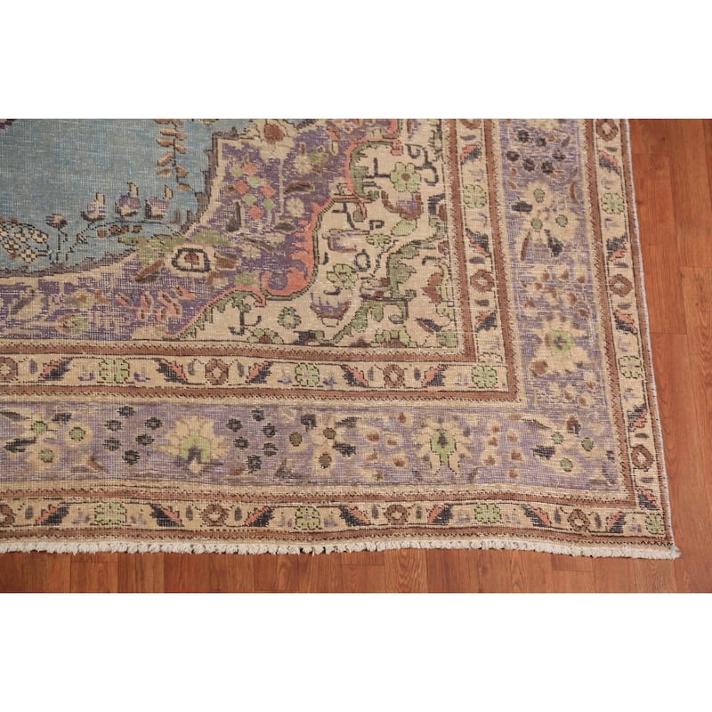 Light Blue Medallion Tabriz Persian Rug Floral Handmade Wool Carpet - 9'10"x 12'4"