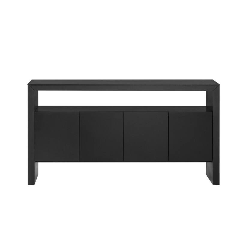 60" Modern 4-Door Sideboard with Open Shelf, Solid Wood Veneer Storage Cabinet for Living Room, Entryway (Black/Natural)