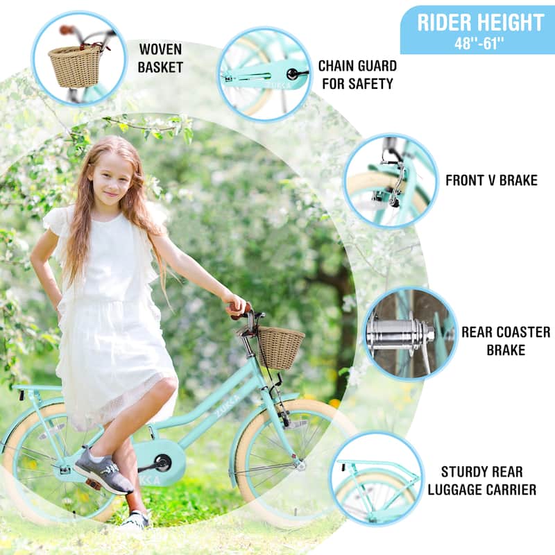 20 Inch Girls Bike with Basket, Single Speed Steel Frame, Front V-Brake & Rear Coaster Brake, Ages 7-10