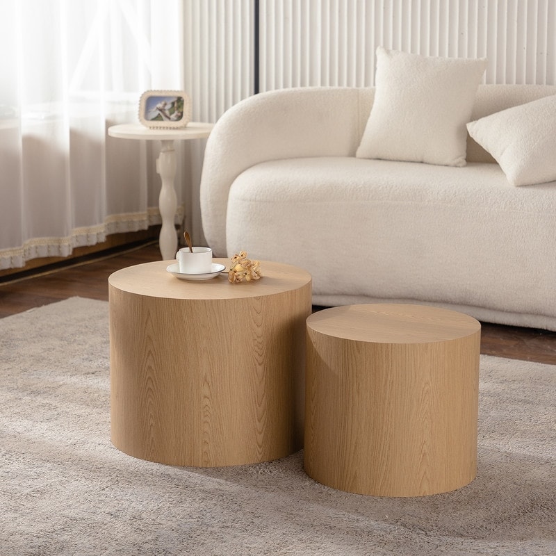 Set of 2 Round Wooden Nesting Coffee Tables - Modern Circular Accent Side Tables for Small Spaces