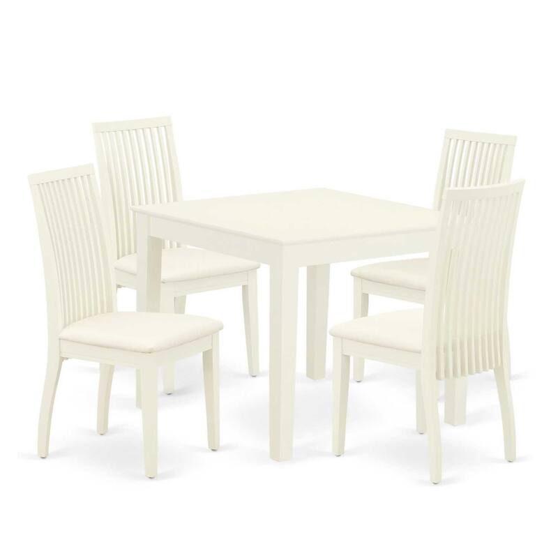 5-Piece Linen White Finish Solid Wood Top - Square Dining Room Set - Seats 4
