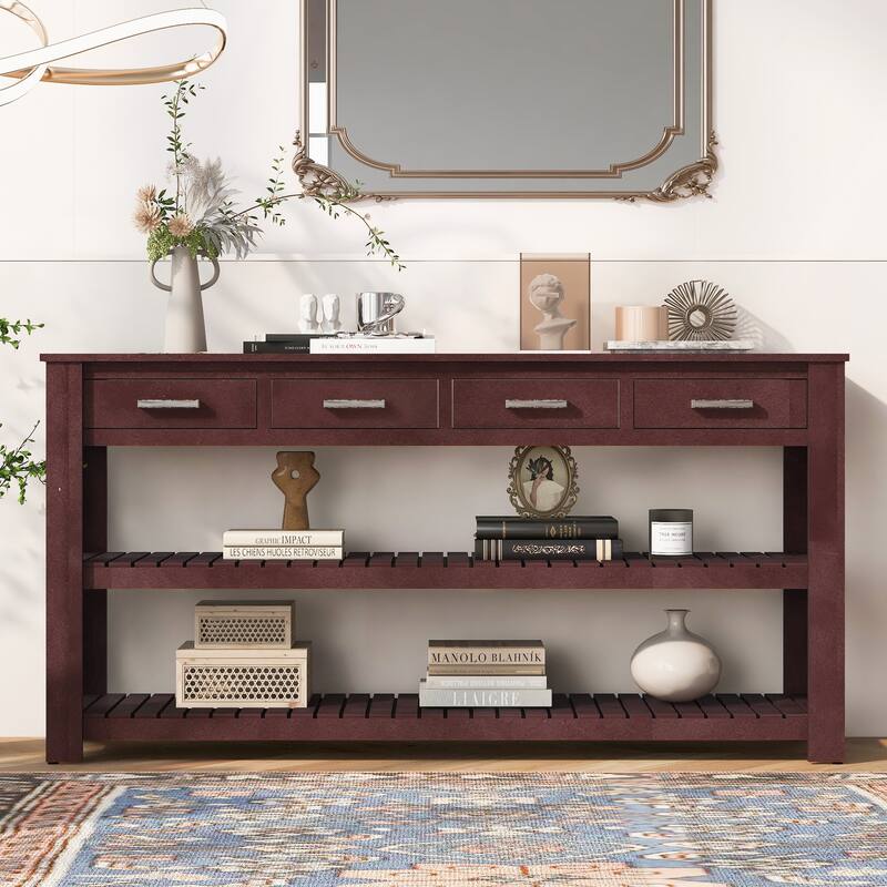 U_Style Stylish Entryway Console Table with 4 Drawers and 2 Shelves - Brown - MDF