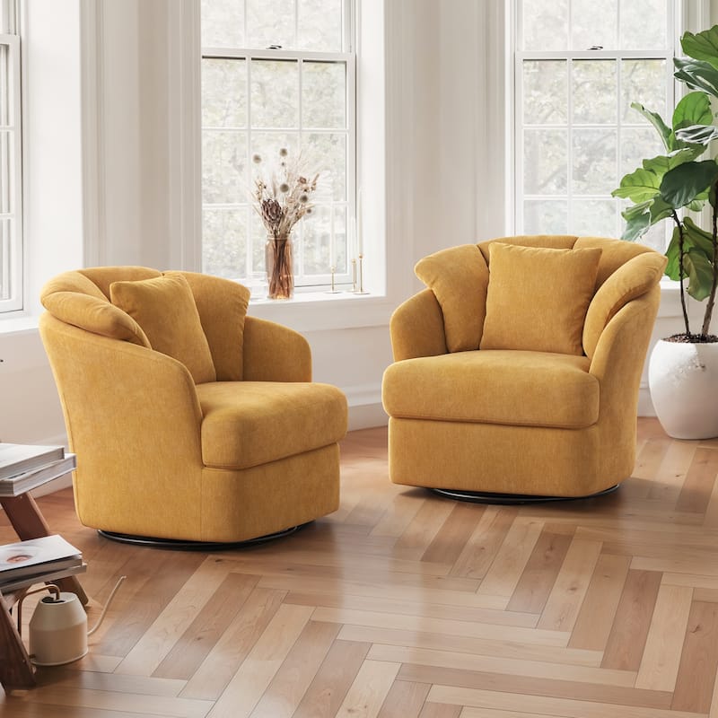 Upholstered Swivel Accent Chair Barrel Armchair Metal Frame with Pillows Living Room Chair - Set of 2 - Mustard Turmeric