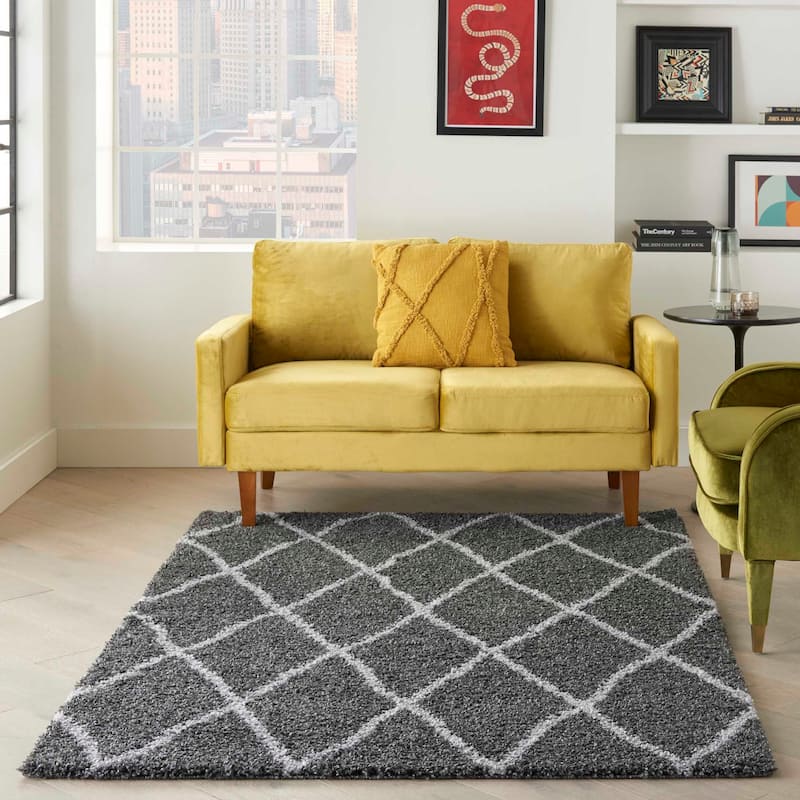 Nourison Shangri-La Geometric Trellis Lattice Shag Rug - 5' x 7' - Charcoal/Light Grey - Rectangle