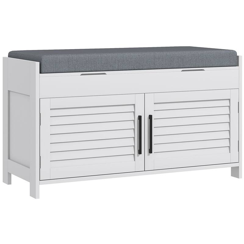 Shutter Doors Shoe Bench, Entryway Bench with Hidden Compartments - White