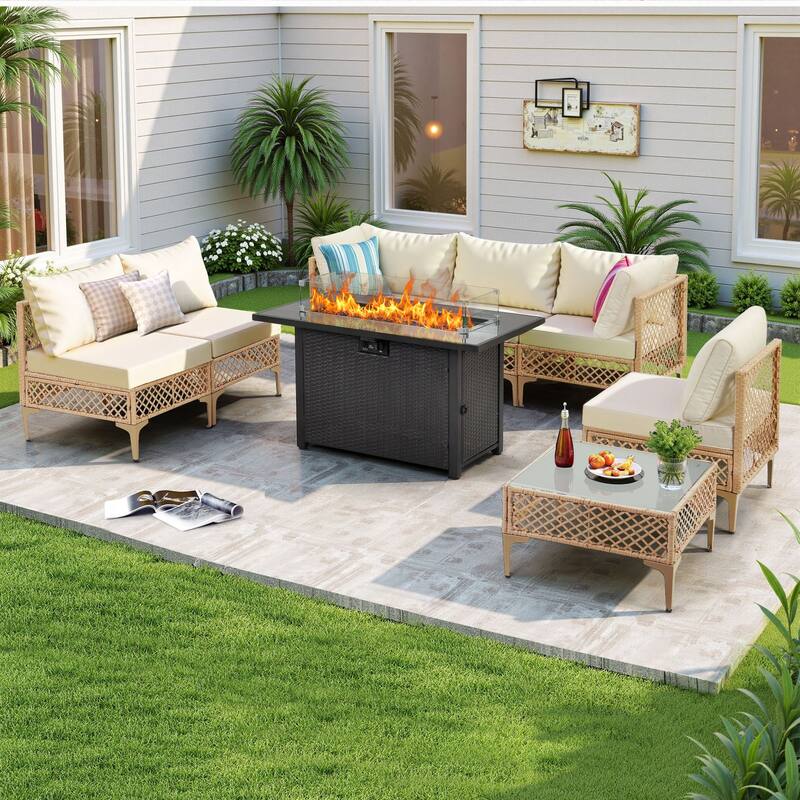 8 PCS Wicker Patio Conversation Set With Fire Table