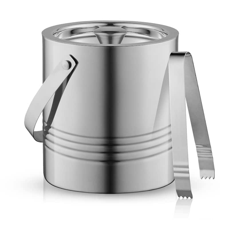 JoyJolt Double Wall Stainless Steel Ice Bucket with strainer and Tongs - 101 oz - Silver