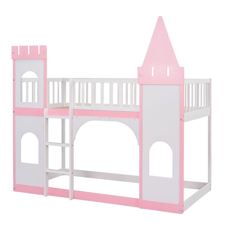 Fun Pink Castle Bunk Bed Twin Over Twin Wood Bed with No Slats Floor Bed, Guardrails, Door and Windows for Play or Sleep
