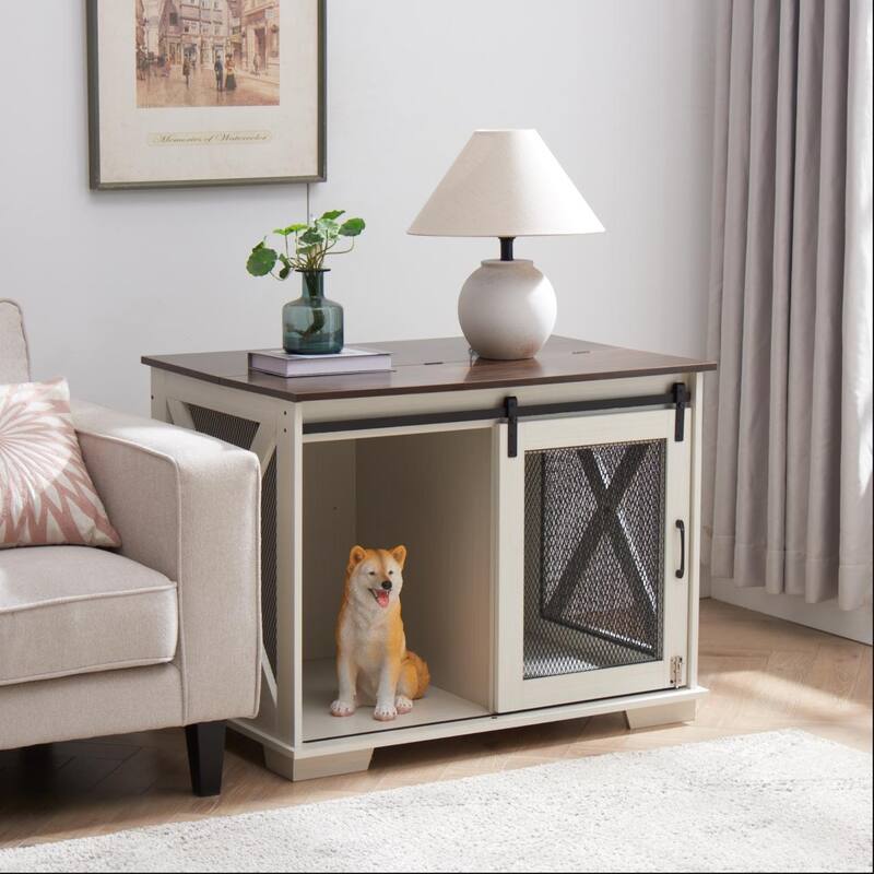 Flip-Top Plate Dog House Dog Cage Crate Furniture with Sliding Barn Door, Dog Kennel End Table with Detachable Divider