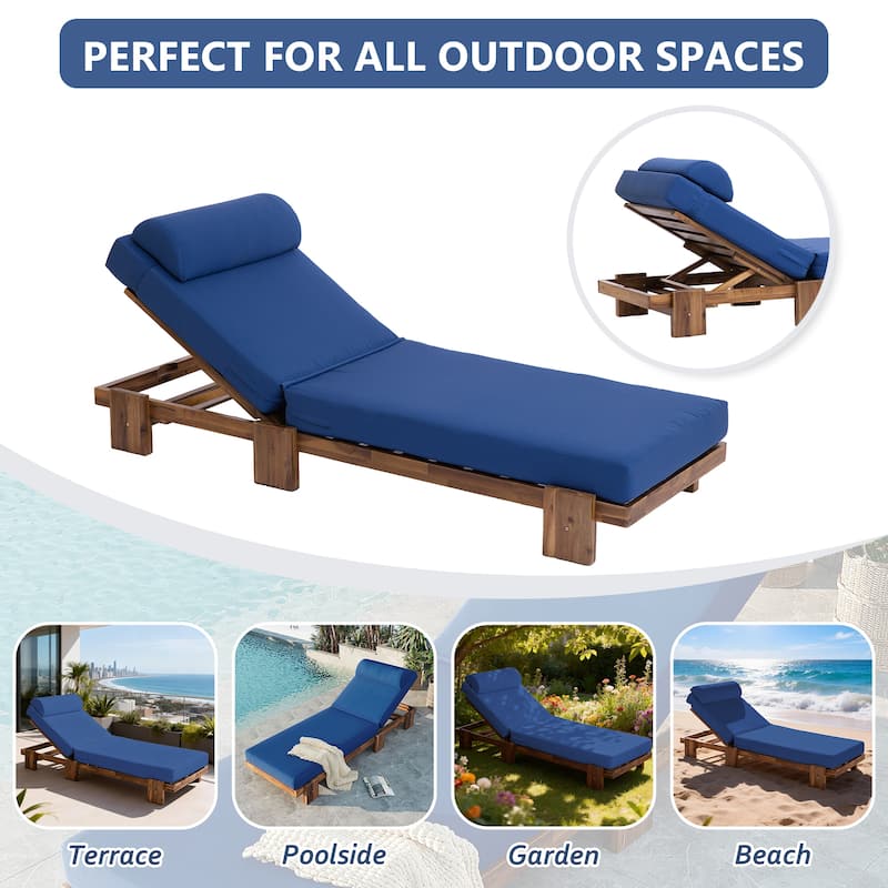 78.8"Patio Chaise Lounge Chair, Acacia Wood Adjustable Recliner with Headrest and Retractable Side Tray