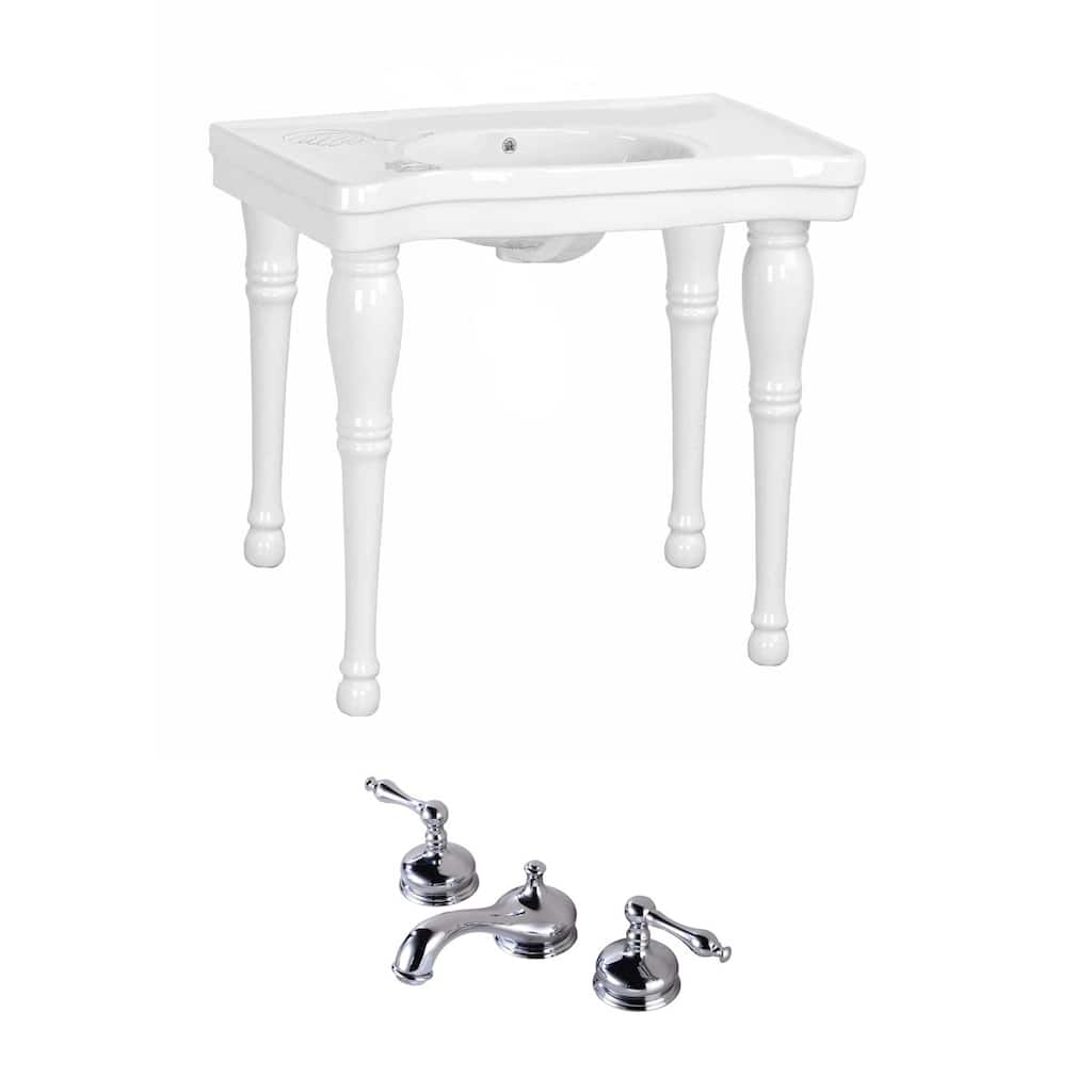 White Belle Console Sink 35.5 W with 4 Pedestal Legs, Backsplash, Chrome Faucet 8 and Drain