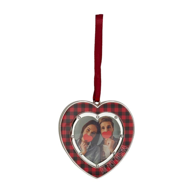 3" Silver Plated Buffalo Plaid Heart Shaped Picture Frame Ornament