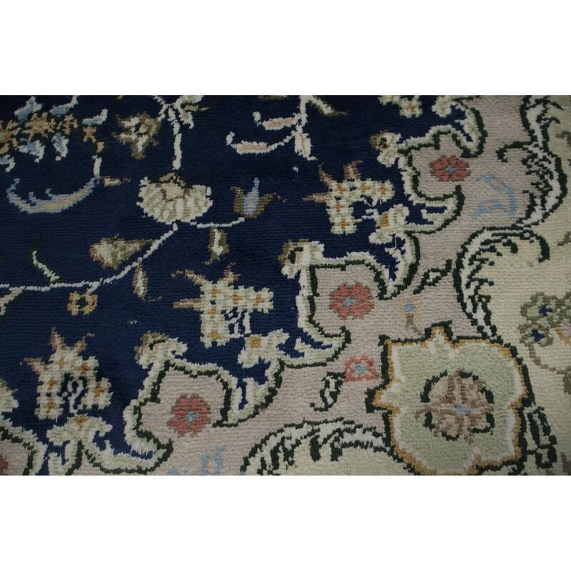 Hand Knotted Oriental Silk Carpet Traditional Floral Navy Blue & Blues Kashmar Area Rug - 7' 10'' X 5' 0''
