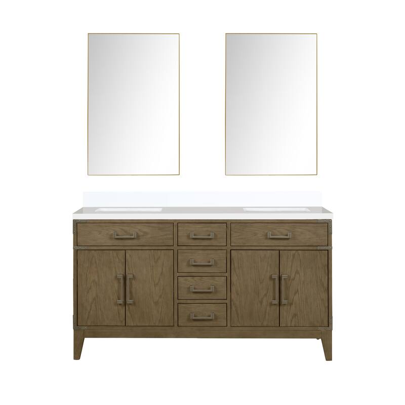 Laurel 60 in W x 22 in D Black Oak Double Bath Vanity, White Quartz Top, and 28 in Mirrors - 60 - Grey Oak