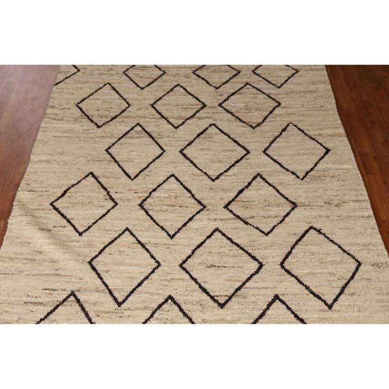 Geometric Moroccan Oriental Rug Hand-Knotted Beige Wool Carpet - 6'7" x 9'11"