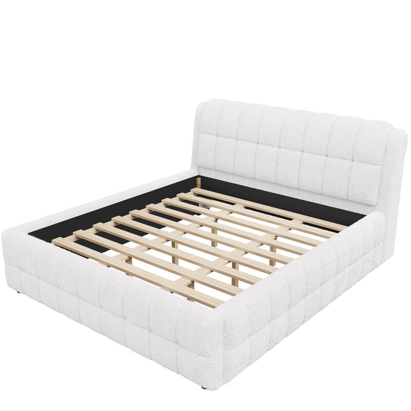 Modern Upholstered Platform Bed Frame Grounded Bed Frame with Striped Headboard/Wood Slats Support/No Box Spring/Easy Assembly