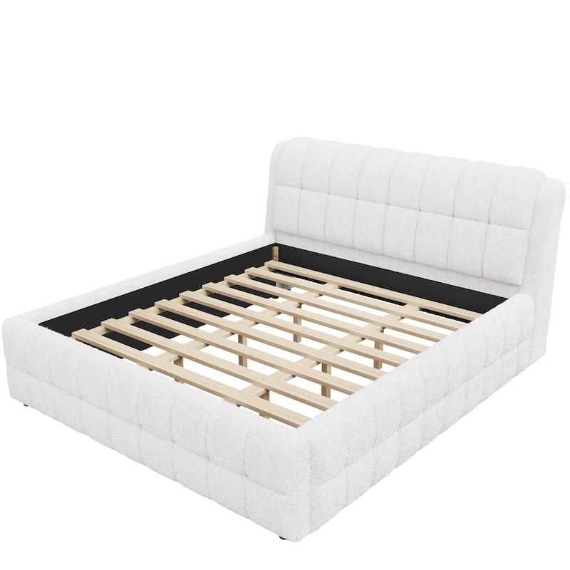 Upholstered Platform Bed with Thick Wingback Headboard and Wood Slat Support