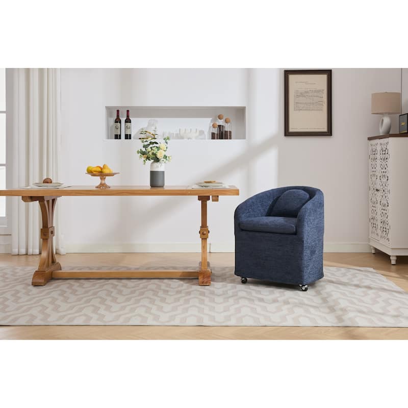 Set of 1 Chenille Fabric Dining Armchair With Back Cushion and Universal Wheels,Blue