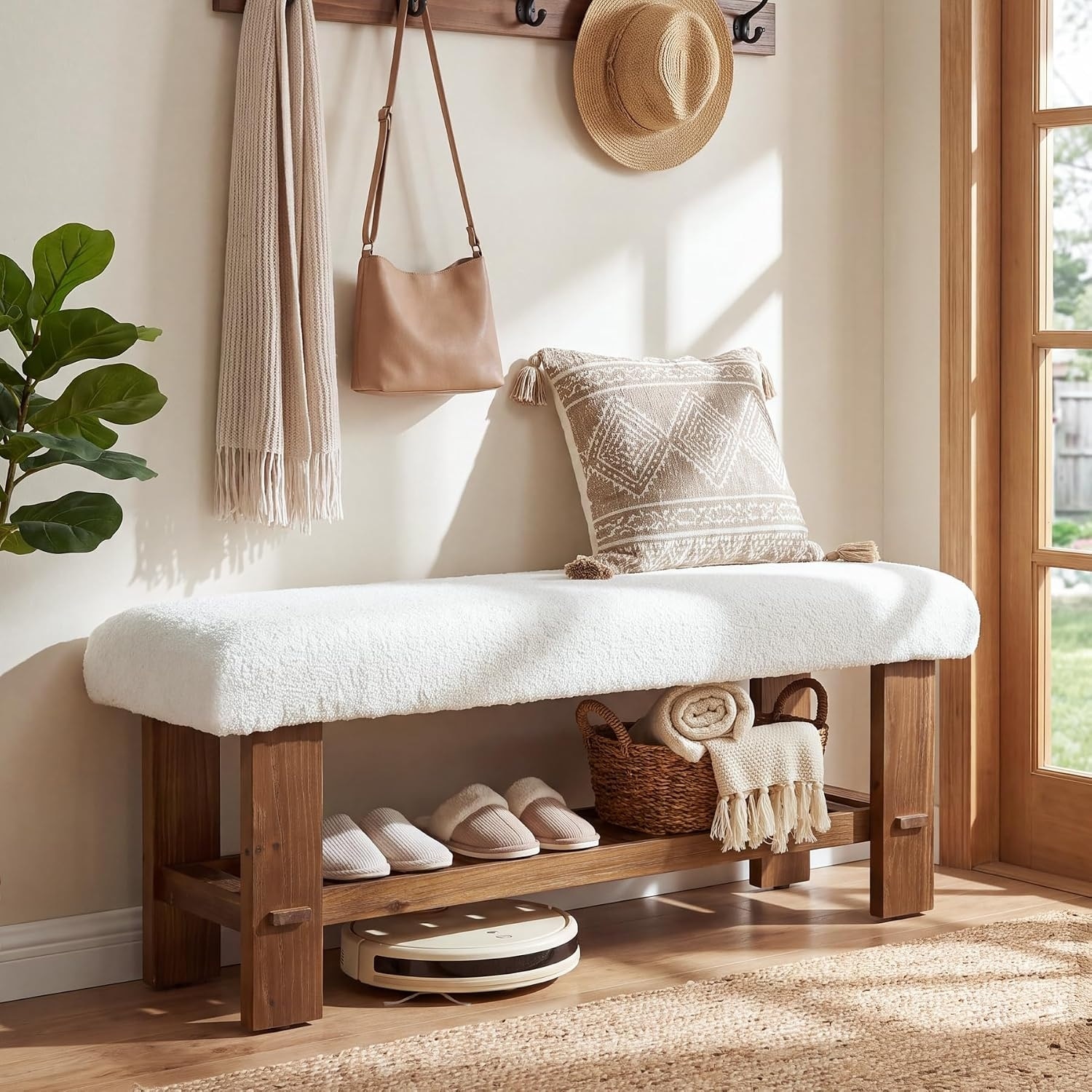 43-Inch Upholstered Entryway Bench, 2-Tier Shoe Bench with Shelf