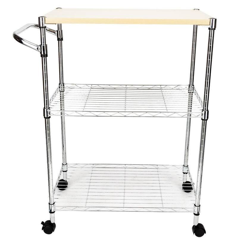 3-Tier Rolling Kitchen Trolley Cart Steel Island Storage Utility Service Dining - Silver