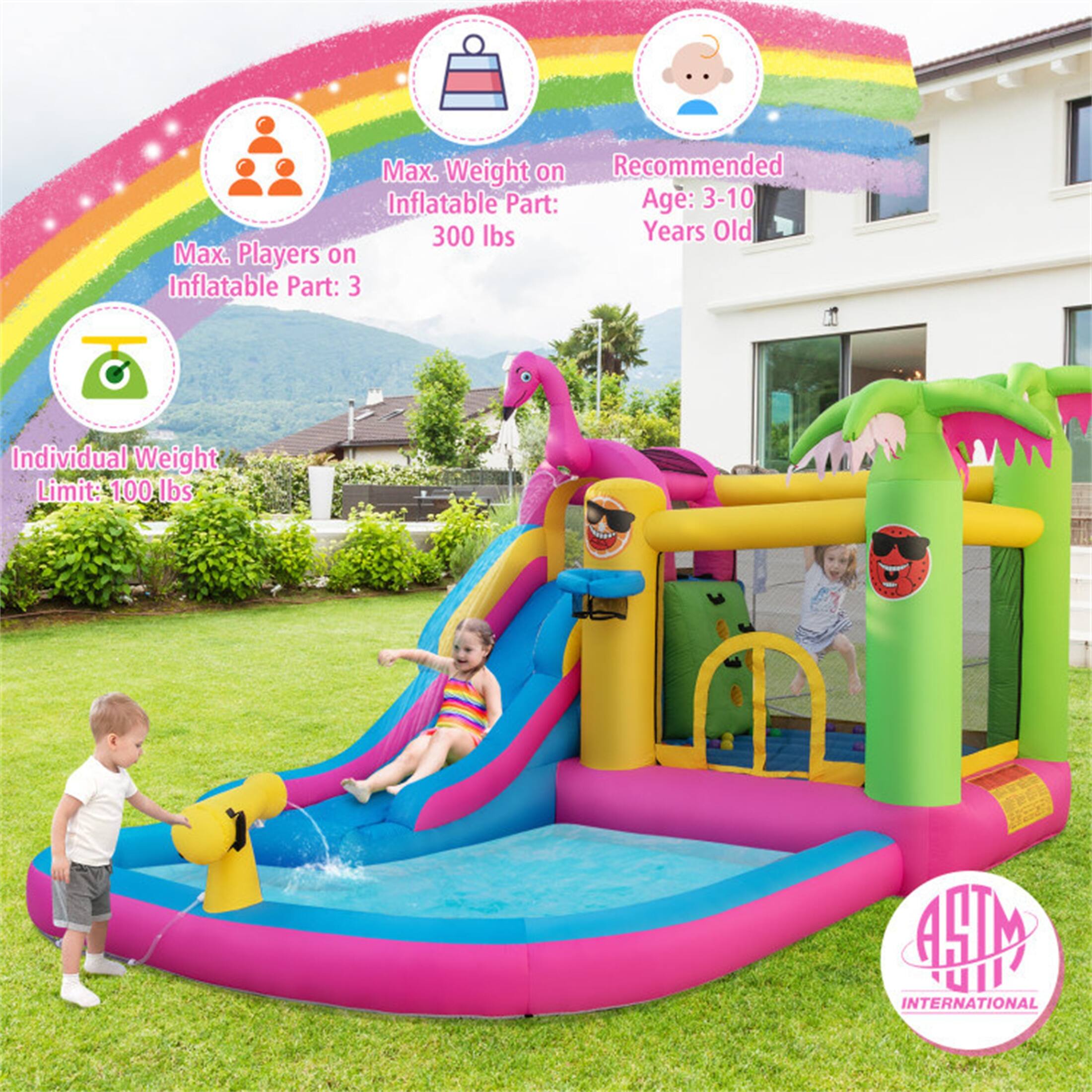 Inflatable Bounce Castle with Long Water Slide and 735W Blower Bed