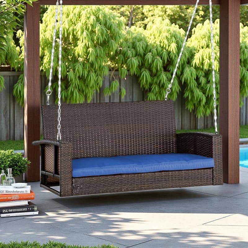 Wicker Hanging Swing Bench with Cushions and Outdoor 2-Person Porch Chair (550lb Capacity) - Blue