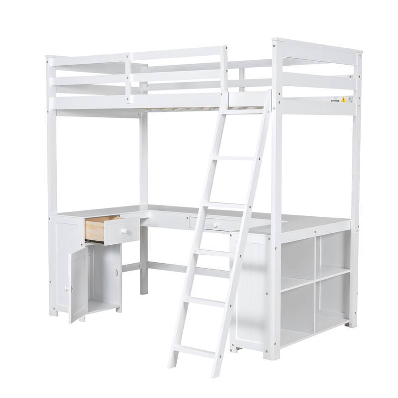 Twin Size Loft Bed with U-shaped Desk, Drawers and Storage Shelves