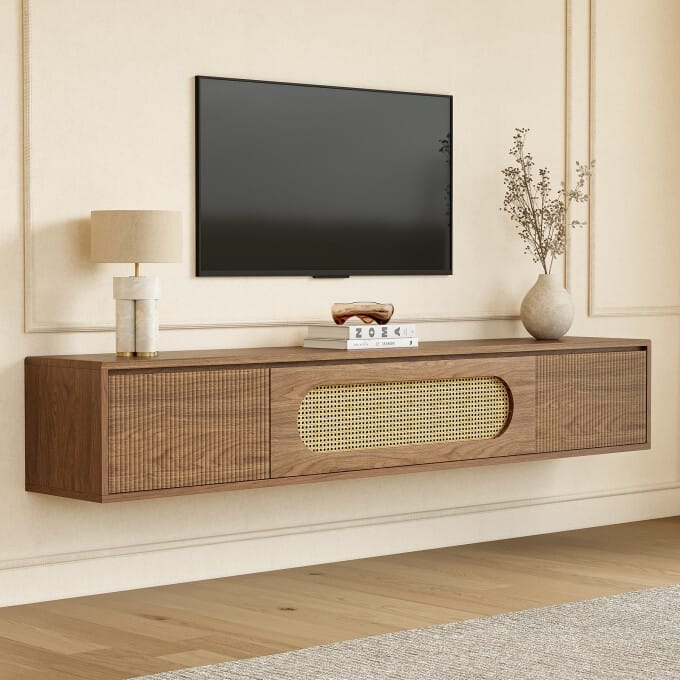 70.86-Inch Floating TV Stand, Wooden Wall Mounted Entertainment Center - Brown