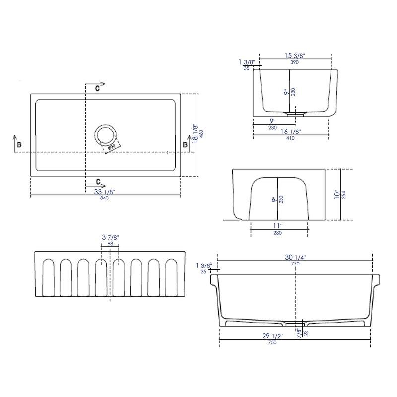 ALFI brand Modern 33" x 18" Reversible Fluted / Smooth Rectangular Fireclay Farm Sink - Black Gloss