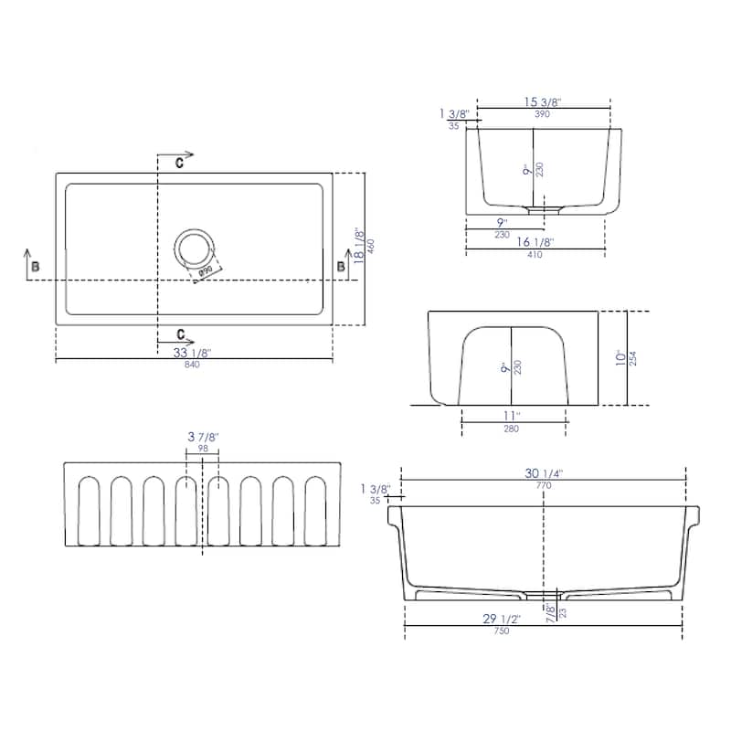 ALFI brand AB3318HS-W Modern 33" x 18" Reversible Fluted / Smooth Single Bowl Rectangular Fireclay Farm Sink - White