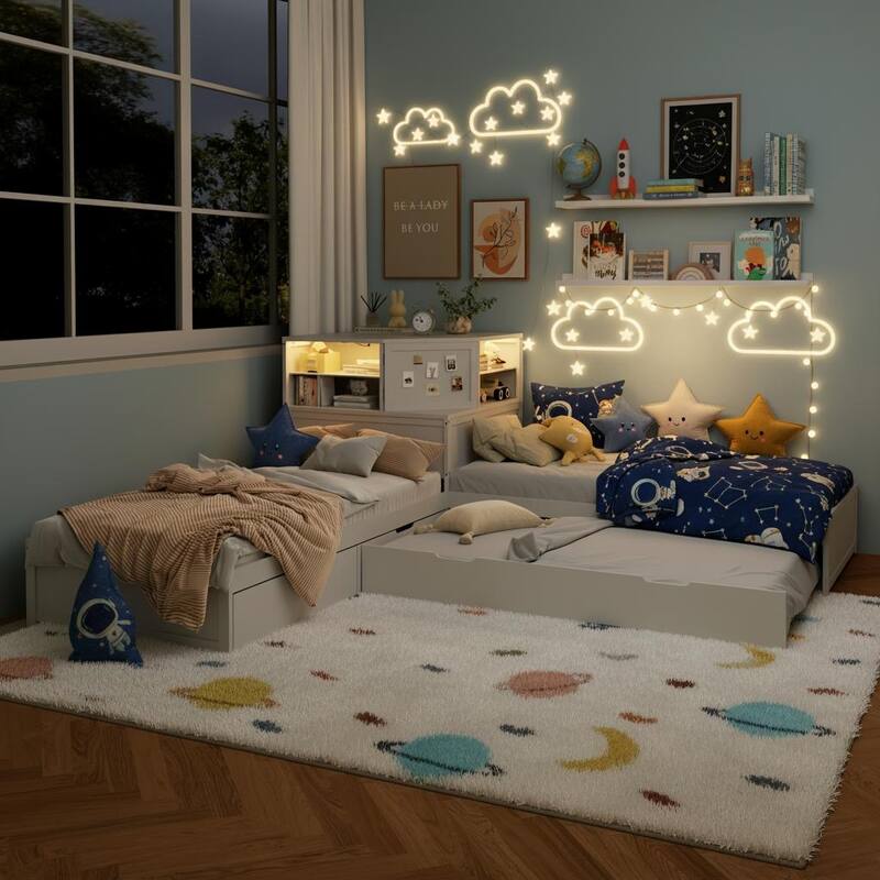 3-in-1 L-Shaped Twin Platform Bed with Trundle, LED-Lit Storage Hub & Built-In Corner Desk by Harper&Bright Designs