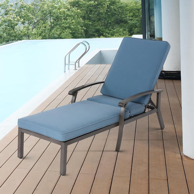 HOMEFUN Outdoor Aluminum Reclining 5-Position Adjustable Backrest Chaise Lounge with Cushion - Blue