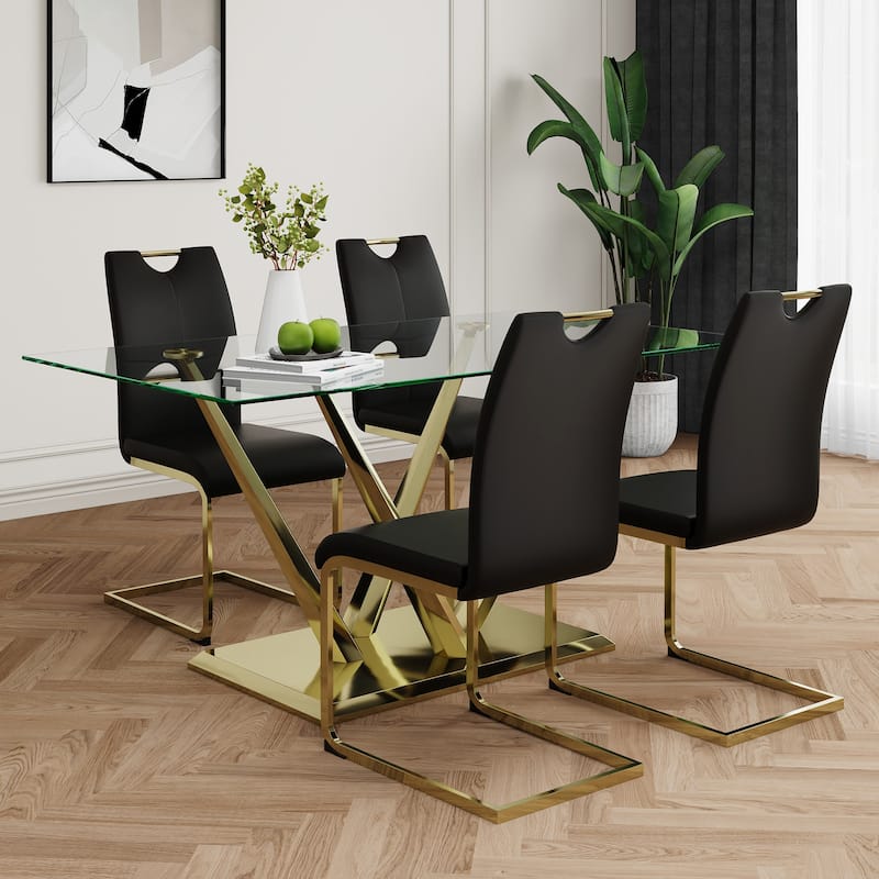 5-Piece Rectangular Dining Table Set for 4 Modern 63" Tempered Glass Kitchen Table with 4 Chairs, Luxury Dining Room Table Set