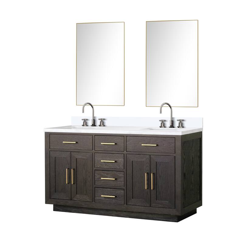 Abbey 60 in W x 22 in D Black Oak Double Bath Vanity, Cultured Marble Top, Faucet Set, and 28 in Mirrors