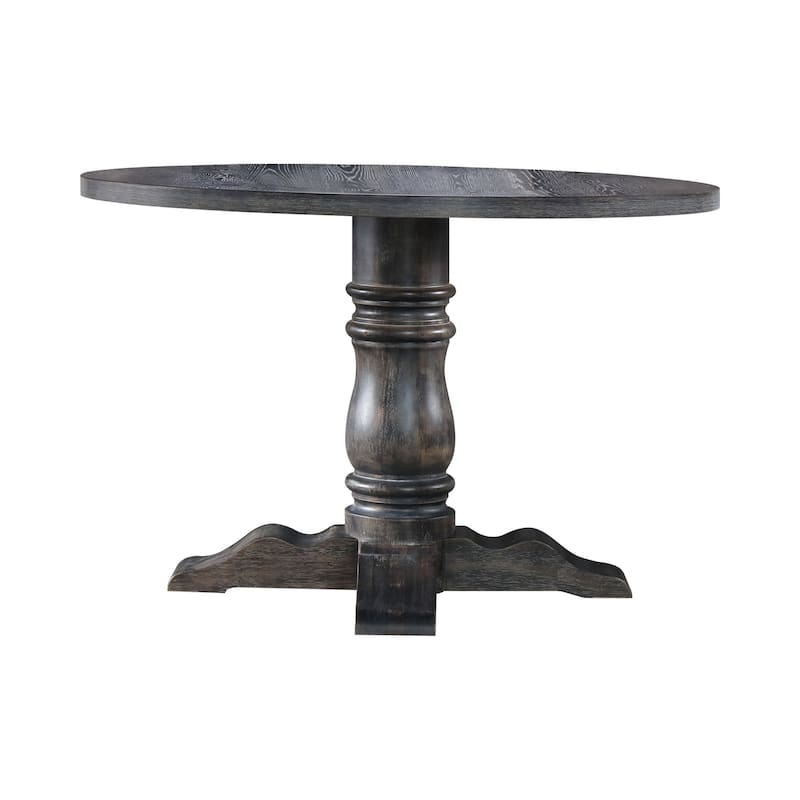 Wooden Round Dining Table With Heavy Pedestal Feet, Weathered Gray