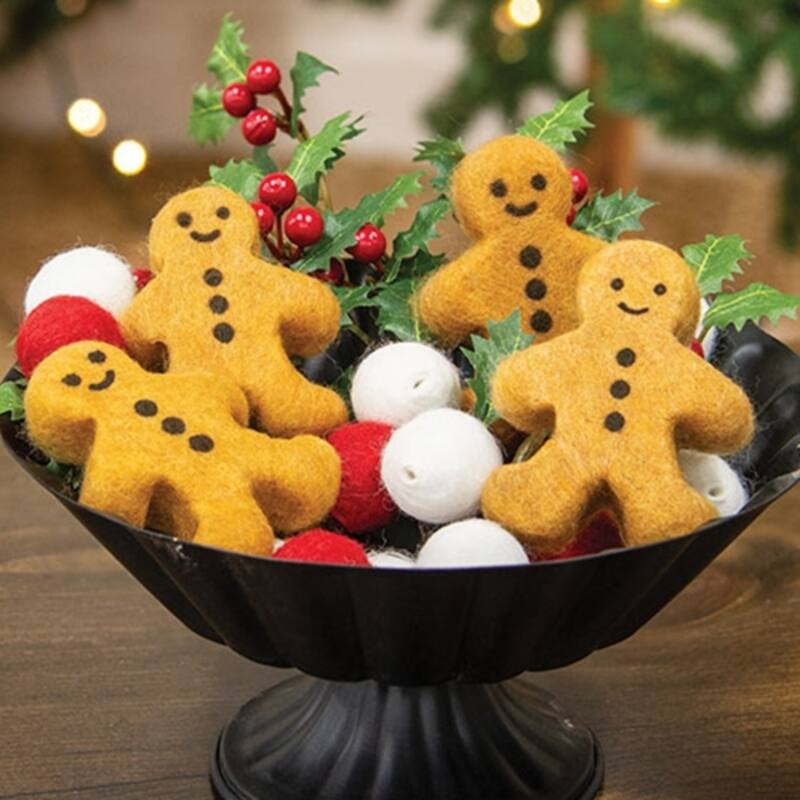 White Red Brown Felted Gingerbread Bowl Filler Set with Felt Balls for Christmas Decor - 3" H x 2.25" W x .75" D