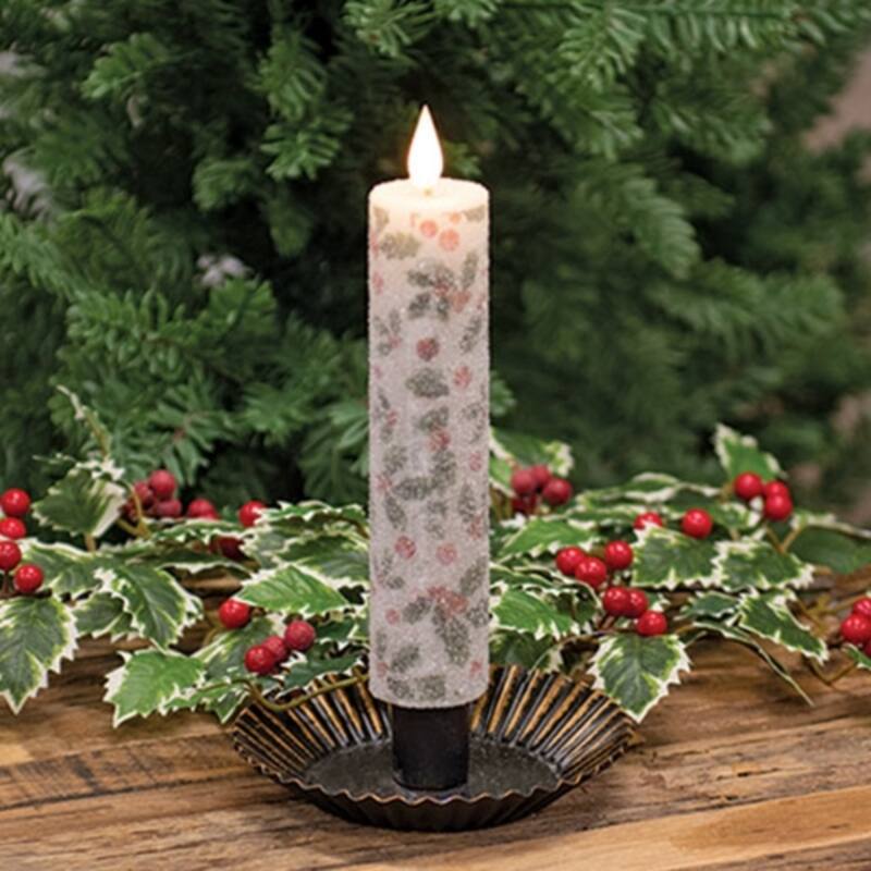 White Red Green LED Taper Candle with Holly Berries and Timer