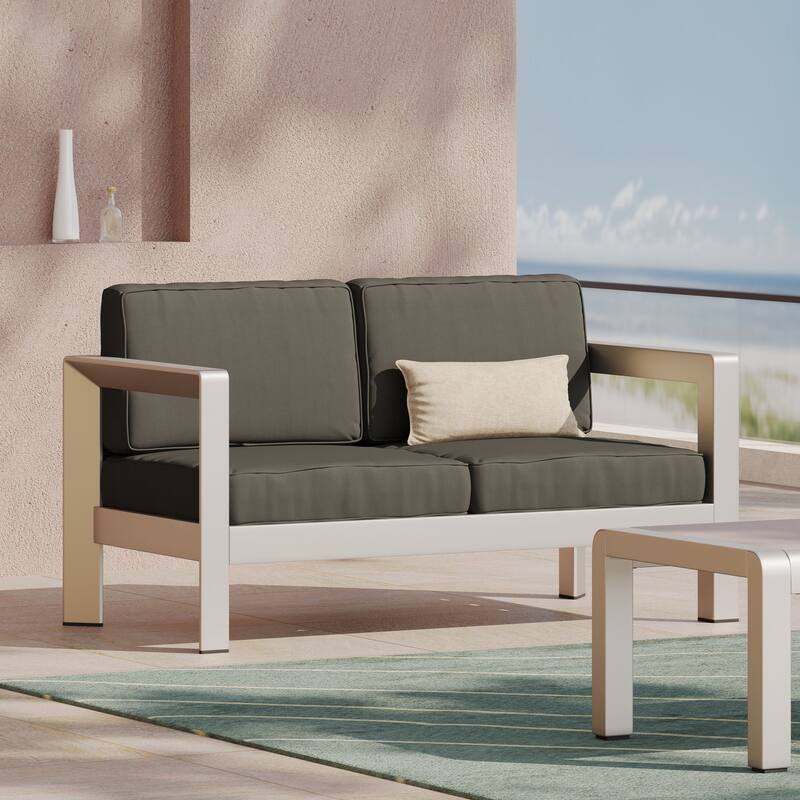 Roomfitters Aviara Outdoor Aluminum Loveseat with Deep Seating, Modern Silver Finish