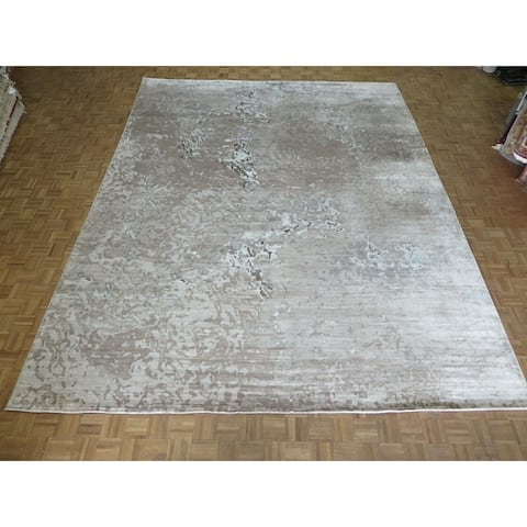 Hand Knotted Gray Modern with Wool & Silk Oriental Rug (12' x 15'3") - 12' x 15'3"