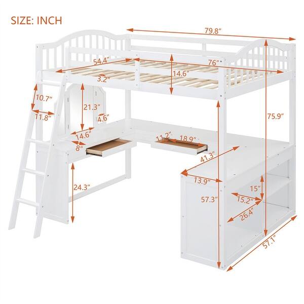 dimension image slide 1 of 2, Solid Wood Loft Bed with Bulit-in U-shaped Desk and 2 Drawers, Full Size Loft Bedframe with Storage Shelves and Tri-fold Mirror
