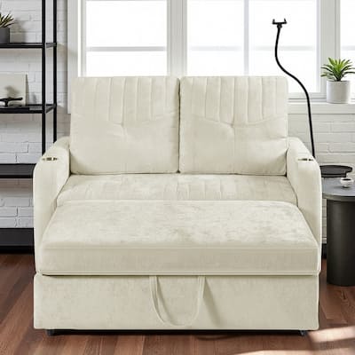 53.9" Chenille Convertible Loveseat with Pull-Out Bed, 3 USB Ports, and Smart Storage