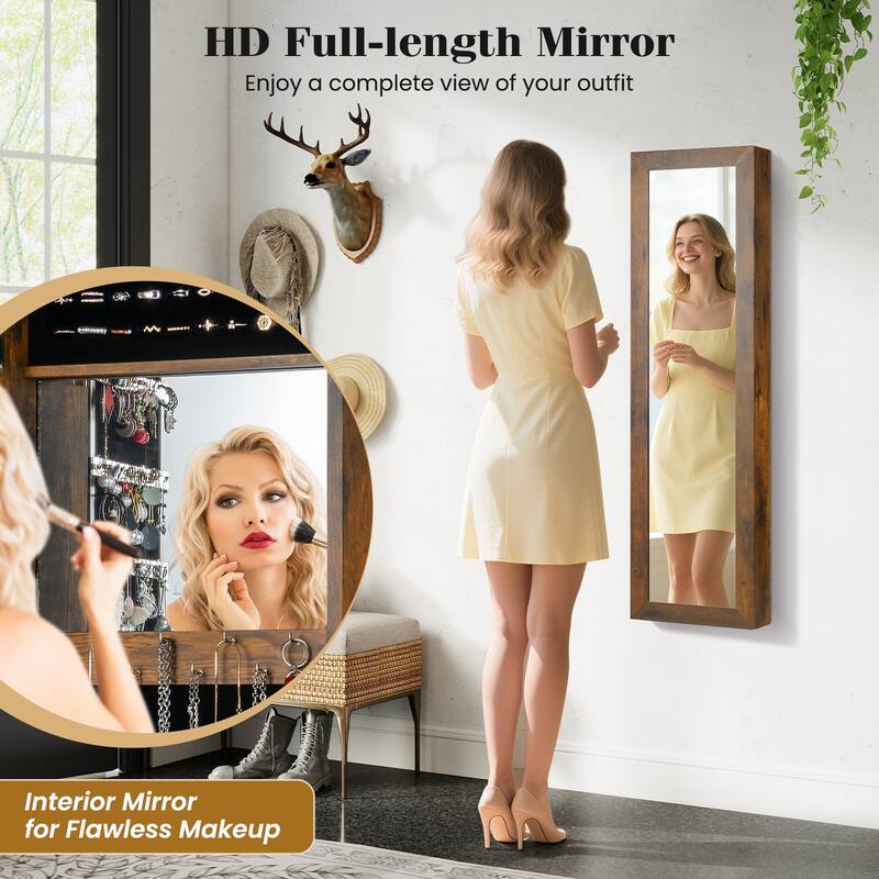 Wall Mounted or Door Hanging Jewelry Cabinet with Full Length Mirror and Inner Makeup Mirror - 12.5" x 3.7" x 43.5"